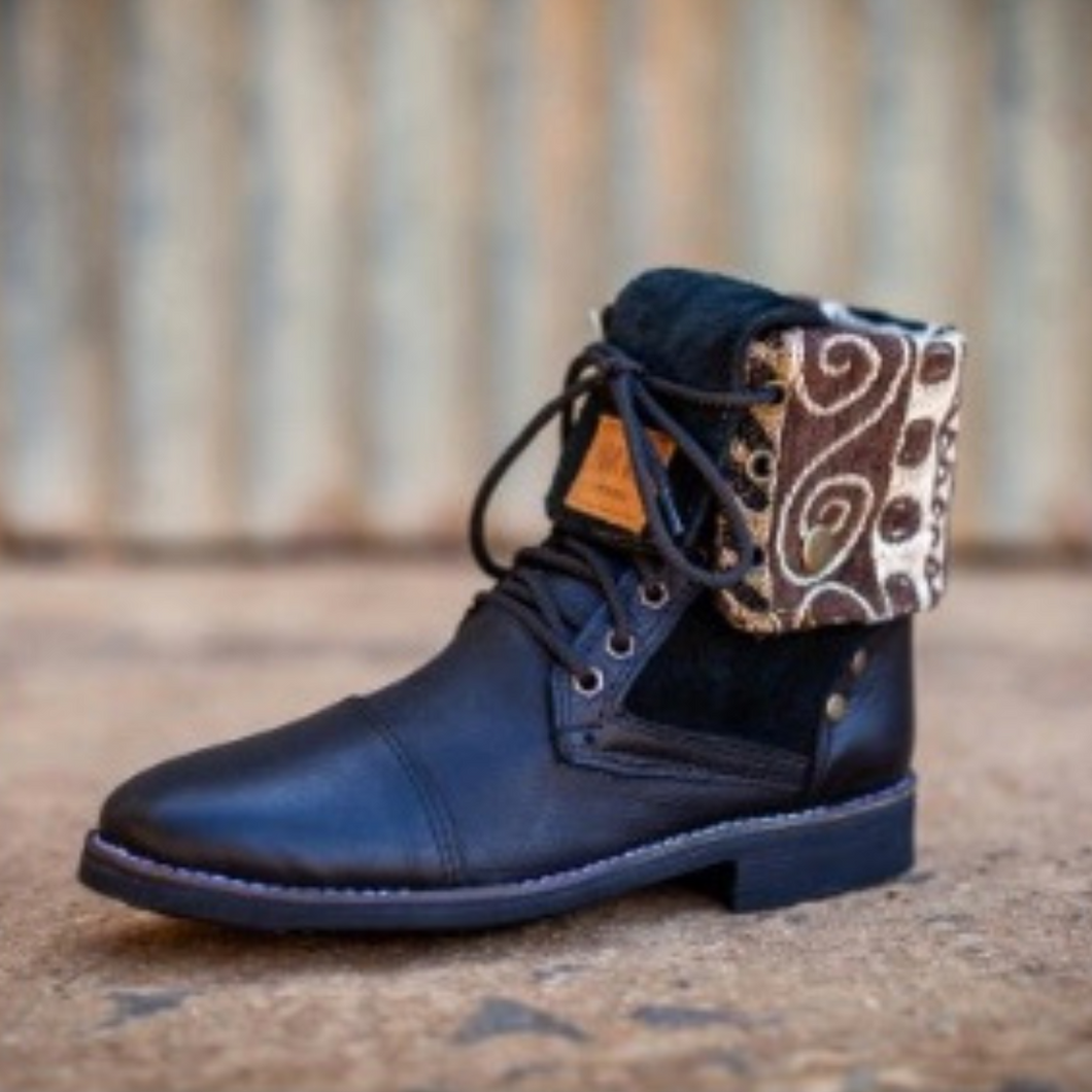 Ladies Warrior Boots - 'Khoisan' Pattern / Black Leather