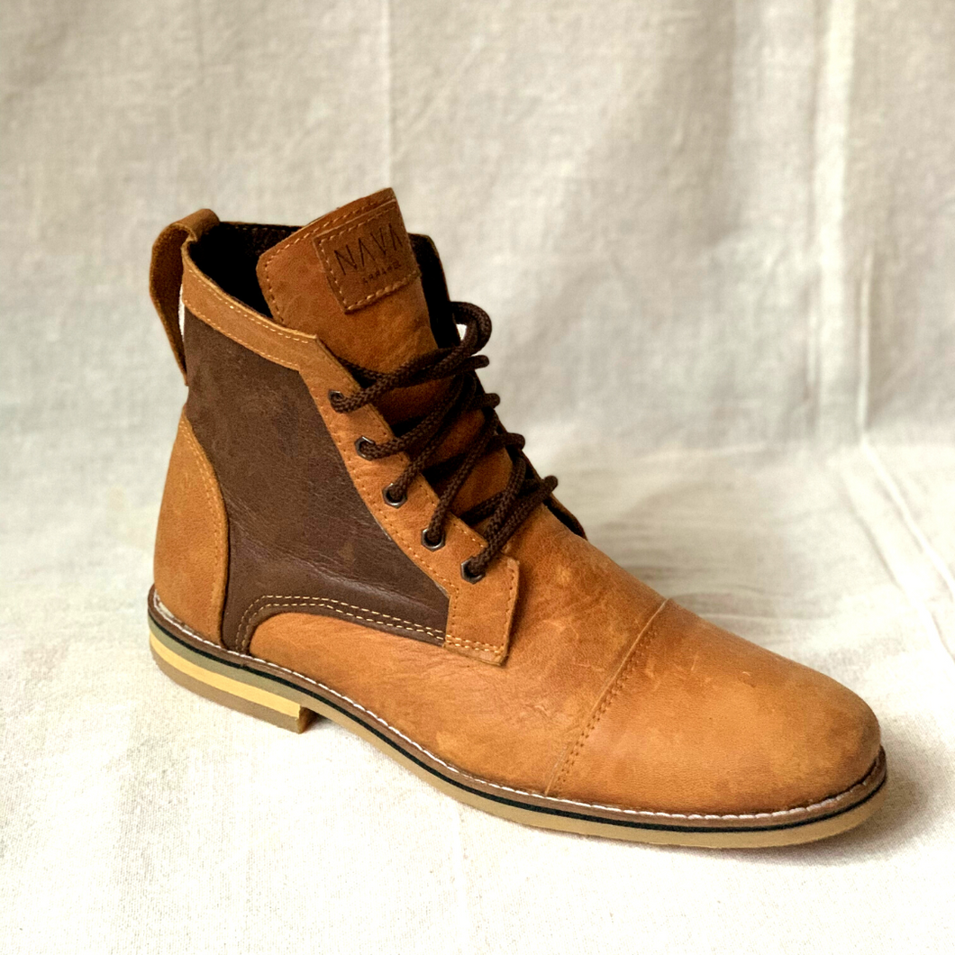Mens Combat Boots - Toffee & Brown Leather