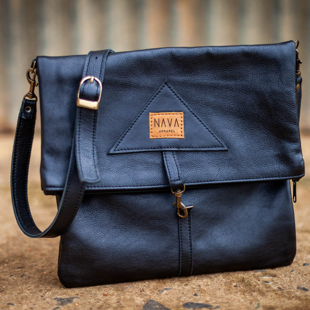 Fold Over Sling Bag - Black Leather